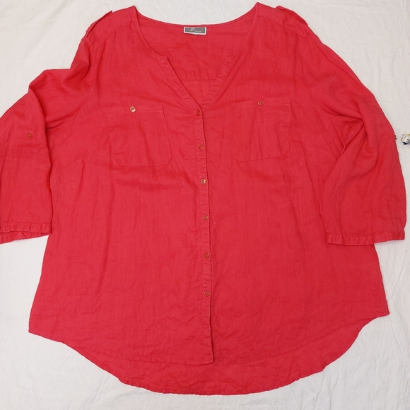 100% Linen Long, Roll Up Sleeves Hot Pink Plus Size Shirt size XXL - Picture 9 of 10